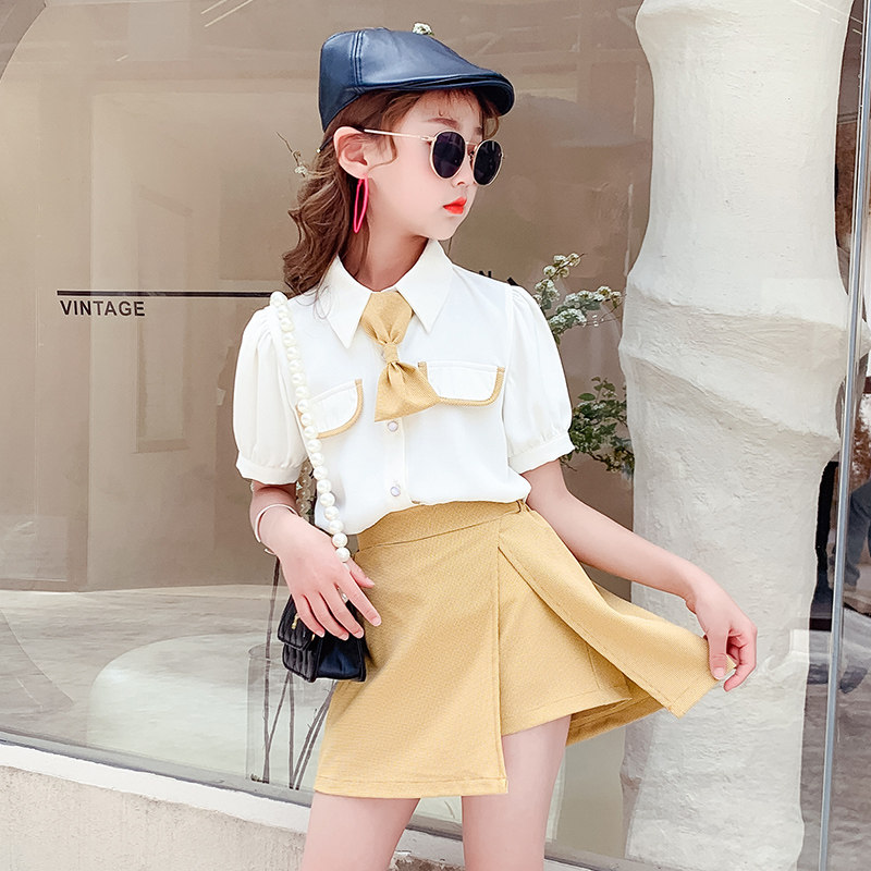 Girls JK uniform suit summer 2021 new Western style little girl short-sleeved plaid college wind culottes two-piece set
