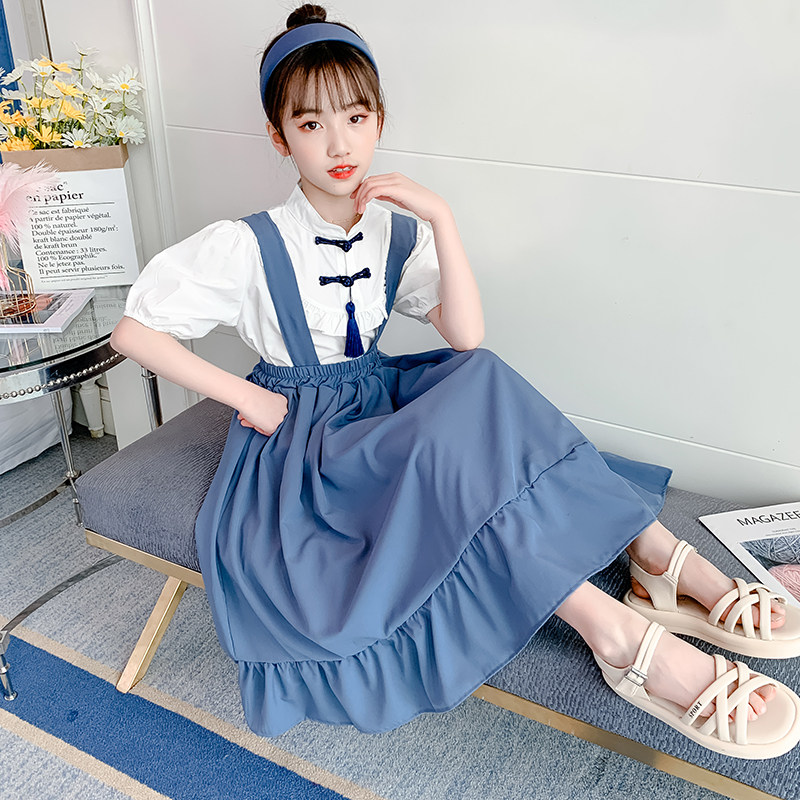 Girl Retro Ocean Dress Summer Dress 2021 New Harness Over Knee Long Skirt Little Girl Country Wind Cuddling Bag Skirt Suit