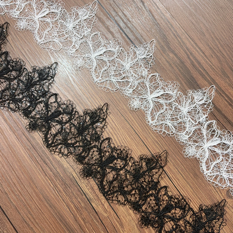 Black and White Butterfly Fish Thread Sequin Lace Handmade DIY Lace Material Clothing Wedding Dress Headwear Lace Accessories