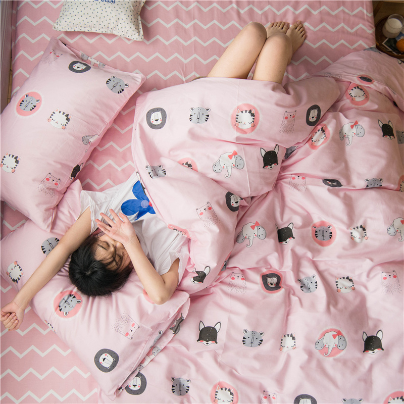 ins cartoon pure cotton bed four pieces of full cotton cute student dormitory Three sets of girls bed linen 1 5m bed items