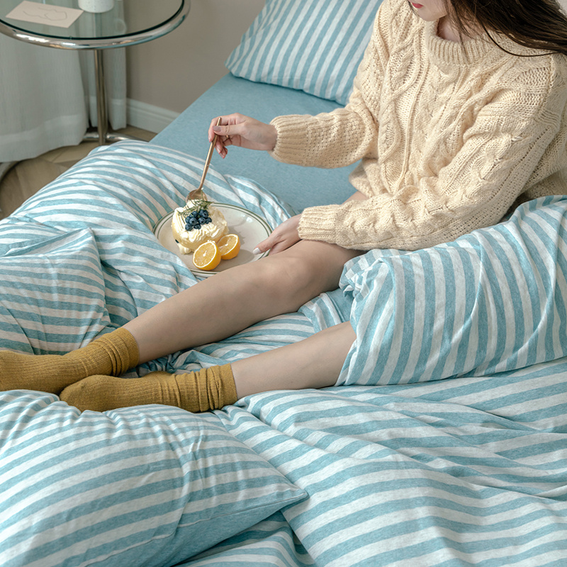 Knitted tianzhu cotton four pieces of kit brief wind nude sleep striped pure cotton quilt cover full cotton linen New frontier cotton bed supplies