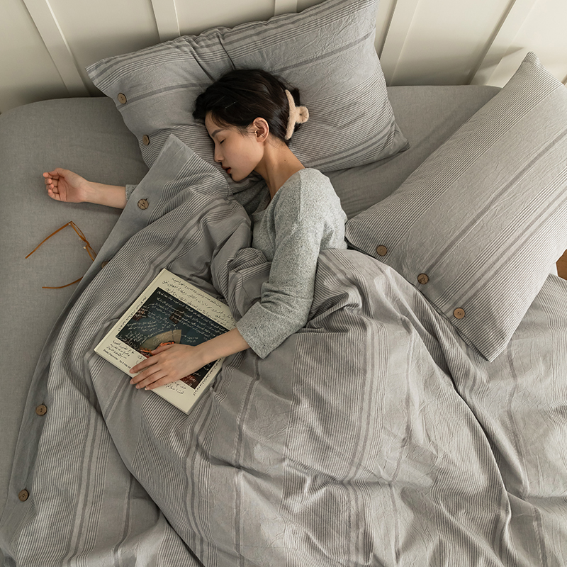 Jacquard pure cotton washed cotton four pieces of full cotton minima nude sleep bed linen button Quilt Cover Pure color bed Bamboo Hat bed