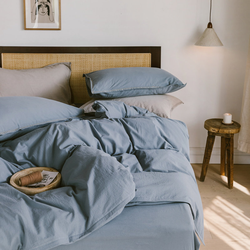 Sun-style pure colour full cotton washed cotton four pieces of pure cotton double-needle process quilt cover simple wind bed linen bed Bamboo Hat bed