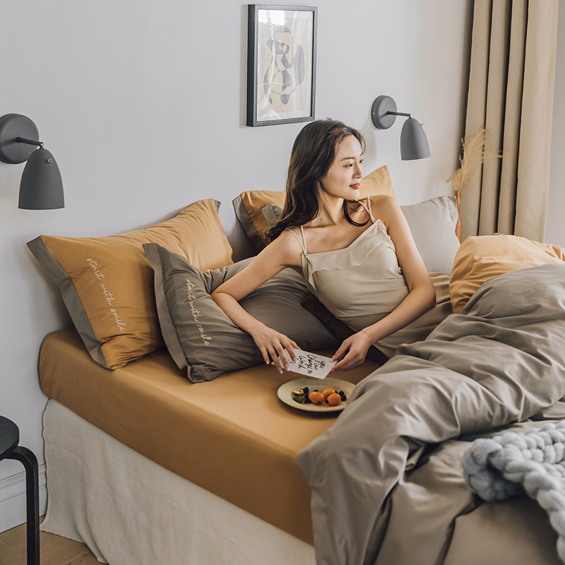 Simple style solid color cotton three-four-piece set of pure cotton sheets and mattresses embroidered quilt cover quilt bedding 1 8m