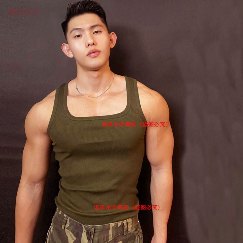 New Casual Versatile Army Green Square-Neck Men's Slim-Fit Sports Pullover Tank Top for Fitness Training in Solid Color