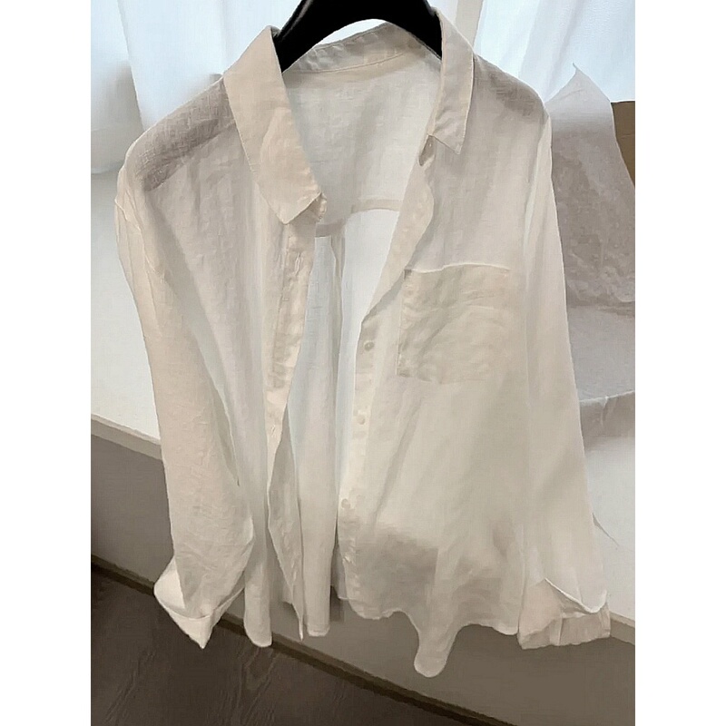 Lazy Style Linen Sun Protection White Shirt for Women, Long-Sleeved Summer Loose Outerwear, Lightweight and Breathable Shirt Jacket Lazy Style Linen Sun Protection White Shirt for Women, Long-Sleeved Summer Loose Outerwear, Lightweight and Breathable Shirt Jacket