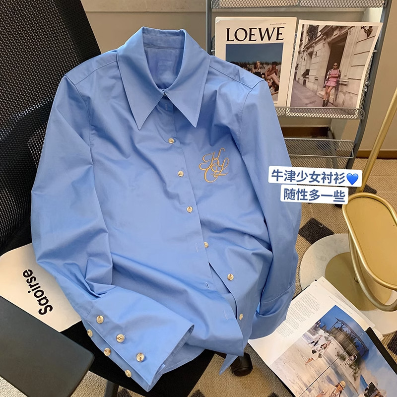 Blue Shirt for Women, Unique Design, Niche Top, Spring and Autumn Women's Clothing, Distinctive Blouse, Embroidered Polo Collar, Long-Sleeved Shirt Blue Shirt for Women, Unique Design, Niche Top, Spring and Autumn Women's Clothing, Distinctive Blouse, Embroidered Polo Collar, Long-Sleeved Shirt