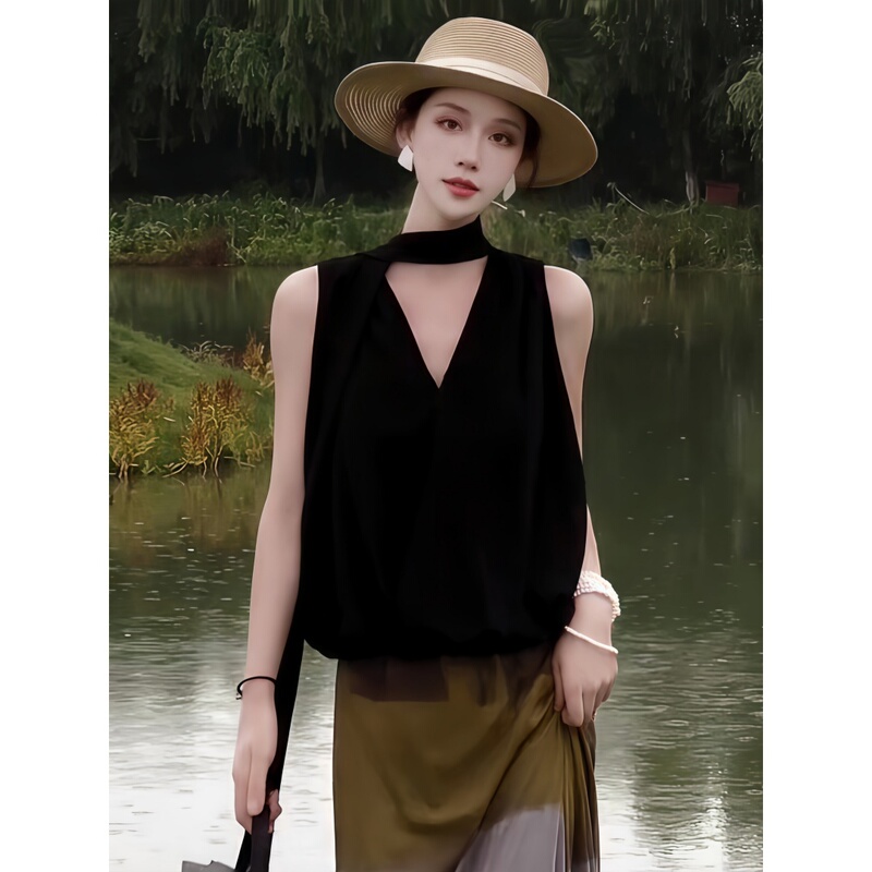 V-Neck Scarf Tie Sleeveless Chiffon Shirt for Women, Summer French-Style High-End Top Two-Piece Set, Black Trendy Shirt
