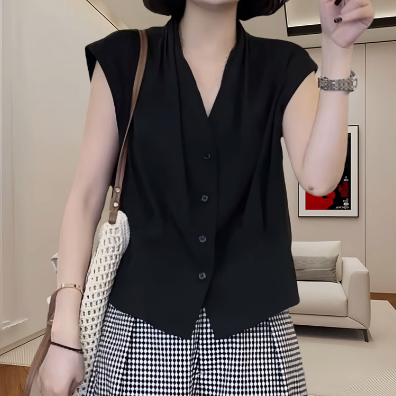 Black Waist-Cinching Shirt for Women, Summer V-Neck, Simple Thin Sleeveless Top, Casual Vest, High-End Shirt