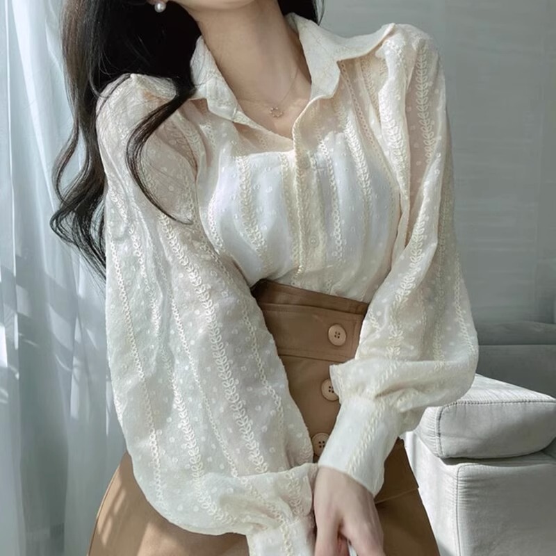 French Lace Shirt for Women, Long-Sleeved, Unique Design, Niche Inner Wear Top, Spring and Autumn Women's Clothing, High-End and Elegant Shirt