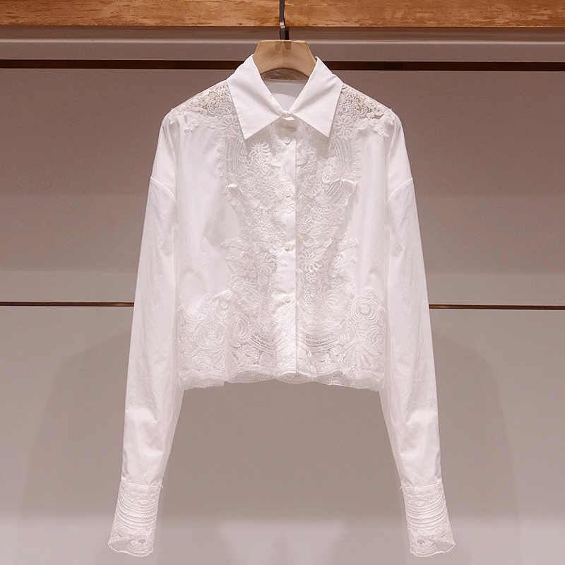 White Embroidered Short Long-Sleeve Shirt for Women, 2026 Spring New Design, Niche Lace Patchwork Lapel Top, Trendy White Embroidered Short Long-Sleeve Shirt for Women, 2026 Spring New Design, Niche Lace Patchwork Lapel Top, Trendy