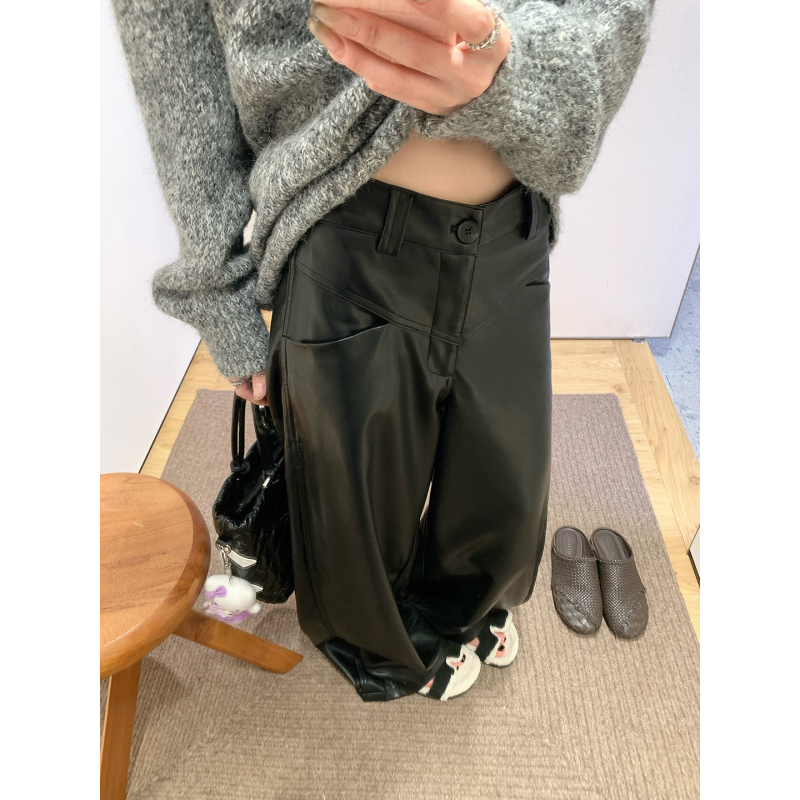 Lin Chuyi's Lazy and Relaxed Straight-Leg Black Pu Leather Pants for Women, Autumn and Winter High-Waisted Slimming Wide-Leg Casual Floor-Length Trousers