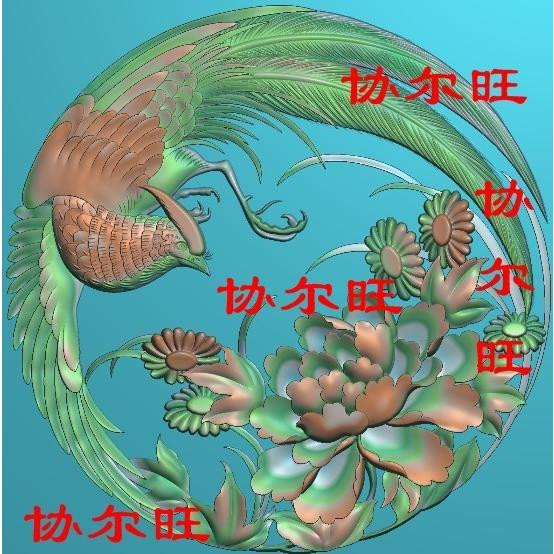 Round Phoenix play peony grayscale image relief carved figure artcam jade carving wood carving figure round card pendant round phoenix