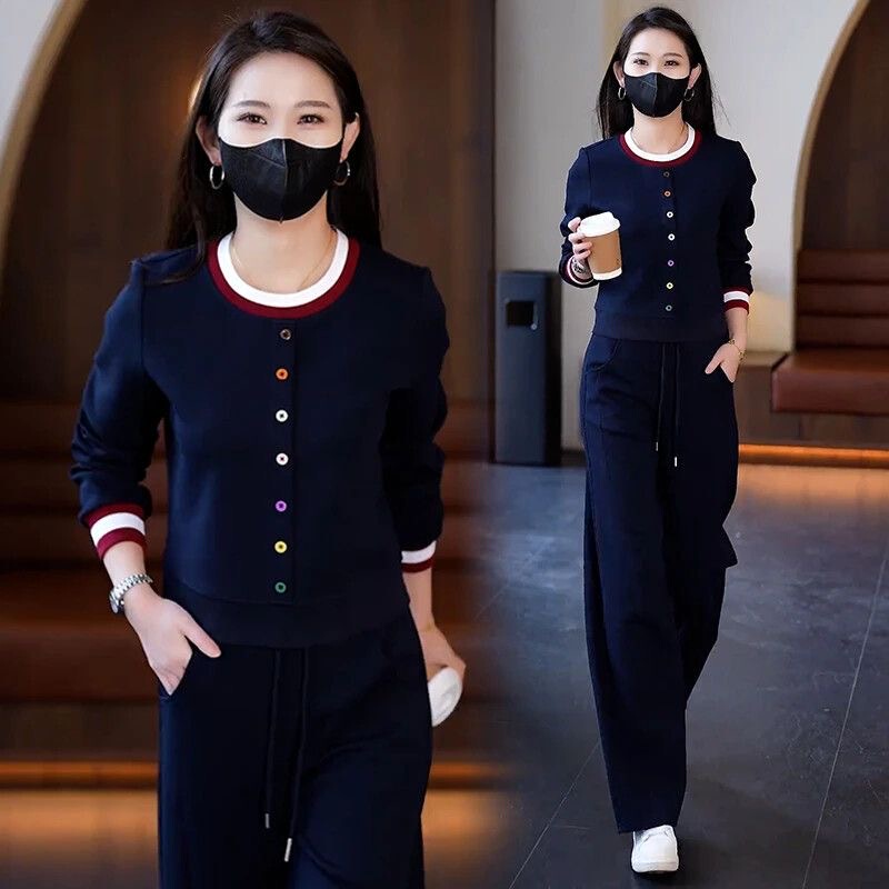 Sports Style Suit for Women, New Spring and Autumn Style, Stylish and Slimming, Contrasting Color Round Neck Sweatshirt with Colorful Buttons, Wide-Leg Pants Two-Piece Set