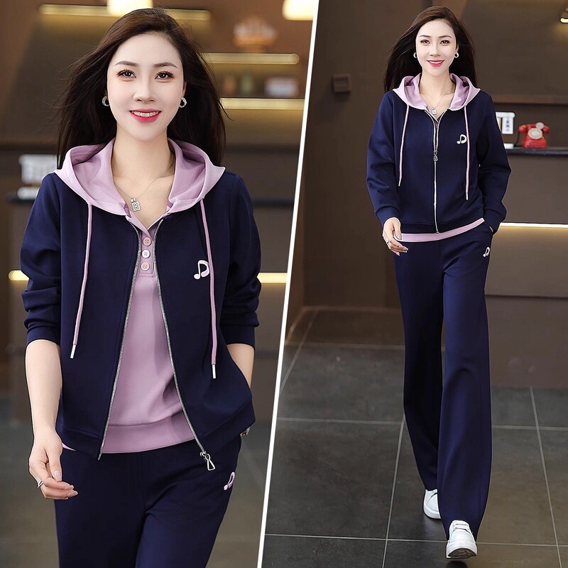 2025 Spring and Autumn New Fashion Casual Suit for Women, Fake Two-Piece Hooded Sweatshirt Cardigan and Straight-Leg Pants Sports Two-Piece Set