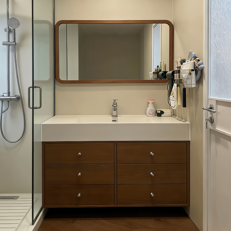 American-Style Bathroom Cabinet with Integrated Stone Countertop and Hot-Bent Basin, Moisture-Proof Washbasin Cabinet Set