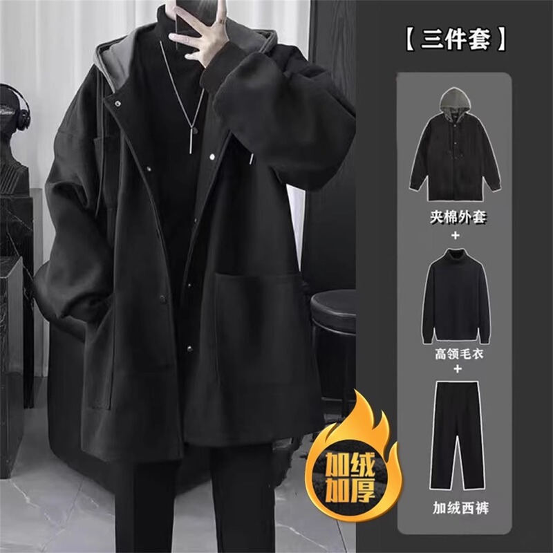 Hong Kong Style Autumn and Winter Three-Piece Men's Suit, Cool and Mature Style, Mid-Length Woolen Coat, High-End Men's Suit