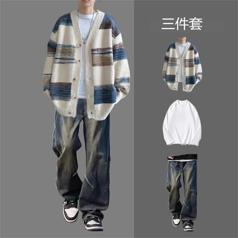 Retro Contrasting Color Cardigan Sweater for Boys, Autumn and Winter Suit, Loose Casual Sweater Jacket, Complete Set with Jeans
