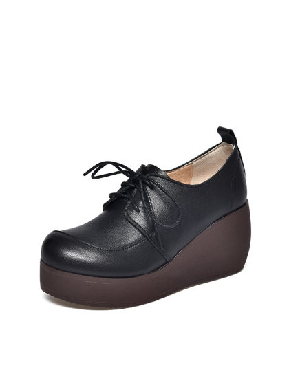 牛皮厚底复古鞋2025秋新款松糕跟女单鞋英伦坡跟高跟休闲女鞋皮鞋