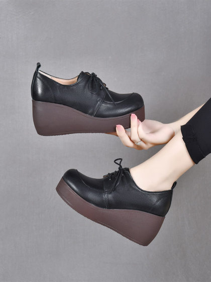 牛皮厚底复古鞋2025秋新款松糕跟女单鞋英伦坡跟高跟休闲女鞋皮鞋