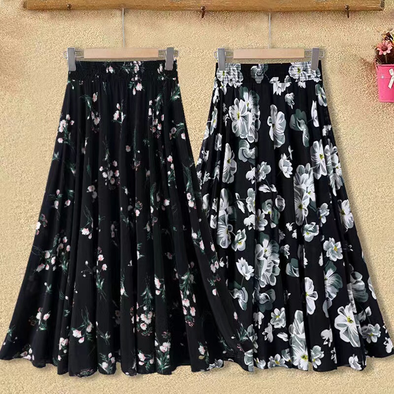 New Style Half-Length Skirt for Middle-Aged and Elderly Mothers, Elastic High-Waisted Floral Long Skirt, Summer Mid-Length 72-Length Thin Skirt for Square Dancing