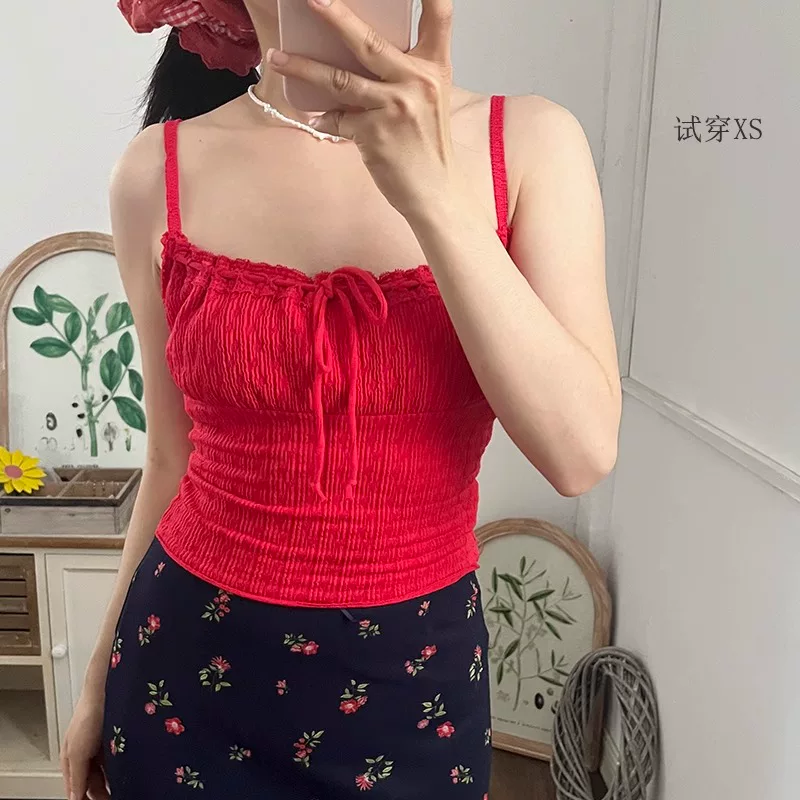 Камерзалетка (camisole) с французским кружевом и бантом, плиссированная, хлопковый стиль, узкая