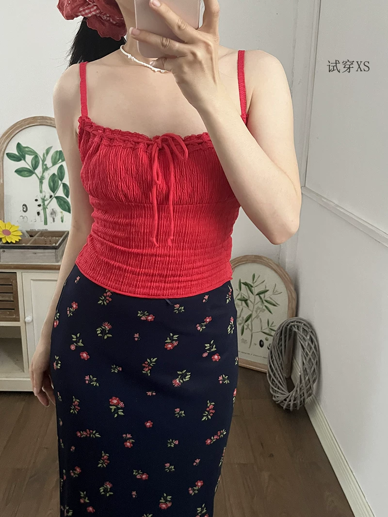Камерзалетка (camisole) с французским кружевом и бантом, плиссированная, хлопковый стиль, узкая