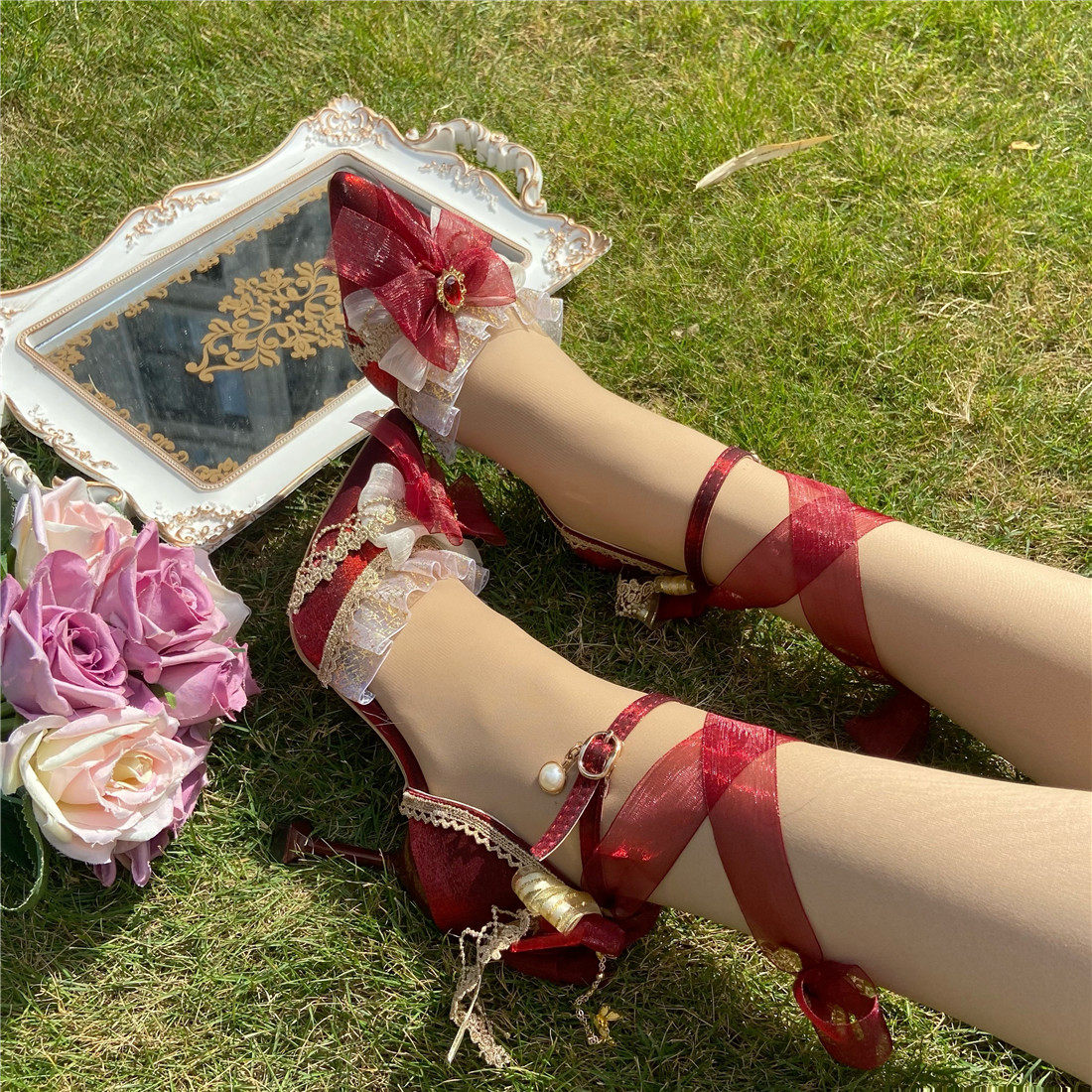 Обувь 原创设计lolita手作太炎兽高跟鞋婚鞋中华风花嫁鞋酒红茶会尖头鞋 Original design