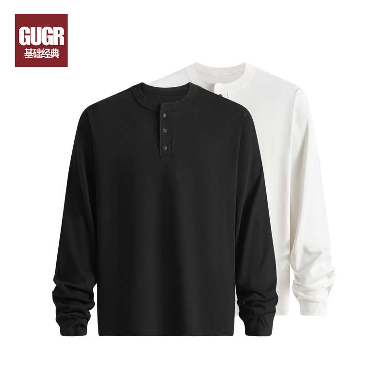 Gugr 320g Pure Cotton Basic Commuter Henley Collar Long-Sleeve T-Shirt for Men and Women, Heavyweight Wrinkle-Resistant Base Layer Shirt