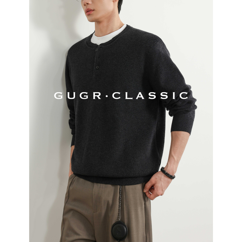 Gugr [Mulberry Wool] American-Style Henry Collar Pullover Sweater for Men, Autumn Casual Lazy Style Knitwear