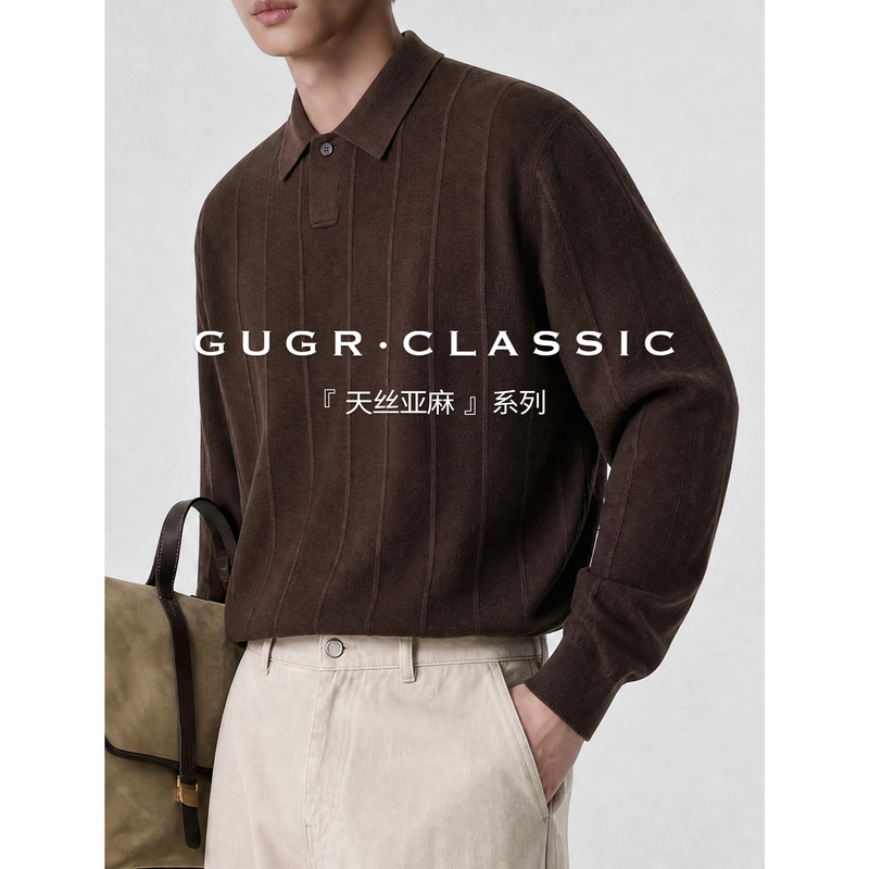 Gugr【Tencel Linen】Old Money Striped Jacquard Long Sleeve Polo Shirt for Men, Loose Fit, Turn-Down Collar Knitted Top for Autumn Gugr【Tencel Linen】Old Money Striped Jacquard Long Sleeve Polo Shirt for Men, Loose Fit, Turn-Down Collar Knitted Top for Autumn