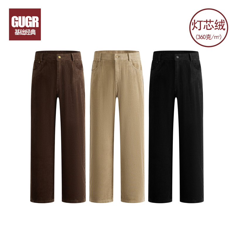 Gugr 360g Corduroy Washed Pure Cotton Casual Pants for Men, Autumn and Winter Thick Wrinkle-Resistant Warm Loose Straight-Leg Trousers