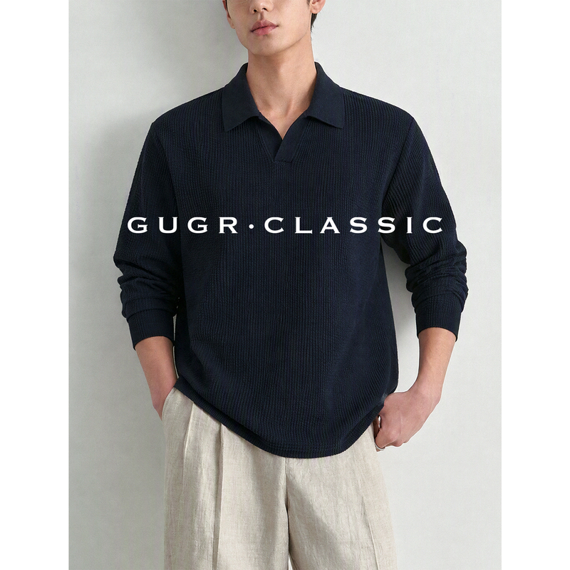 Gugr Men's Autumn and Winter Old Money Style Seagull Collar Polo Shirt Men's Solid Color Knitwear Men's Long Sleeve T-Shirt Gugr Men's Autumn and Winter Old Money Style Seagull Collar Polo Shirt Men's Solid Color Knitwear Men's Long Sleeve T-Shirt
