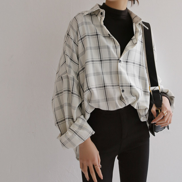 Warmo/2024 Spring and Autumn White Plaid Shirt Long Sleeve Casual Loose Slim Lapel Mid-length Shirt for Women