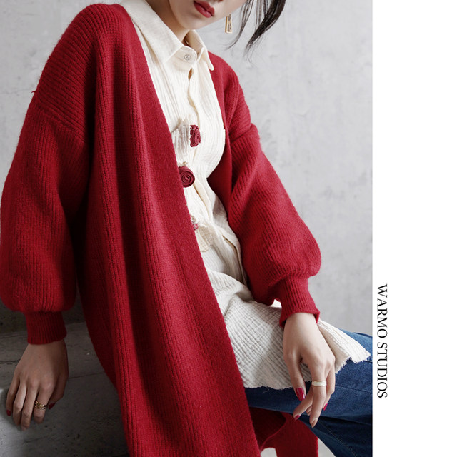 Warmo/2022 spring lantern sleeve mid-length lazy loose sweater cardigan women's loose versatile knitted jacket