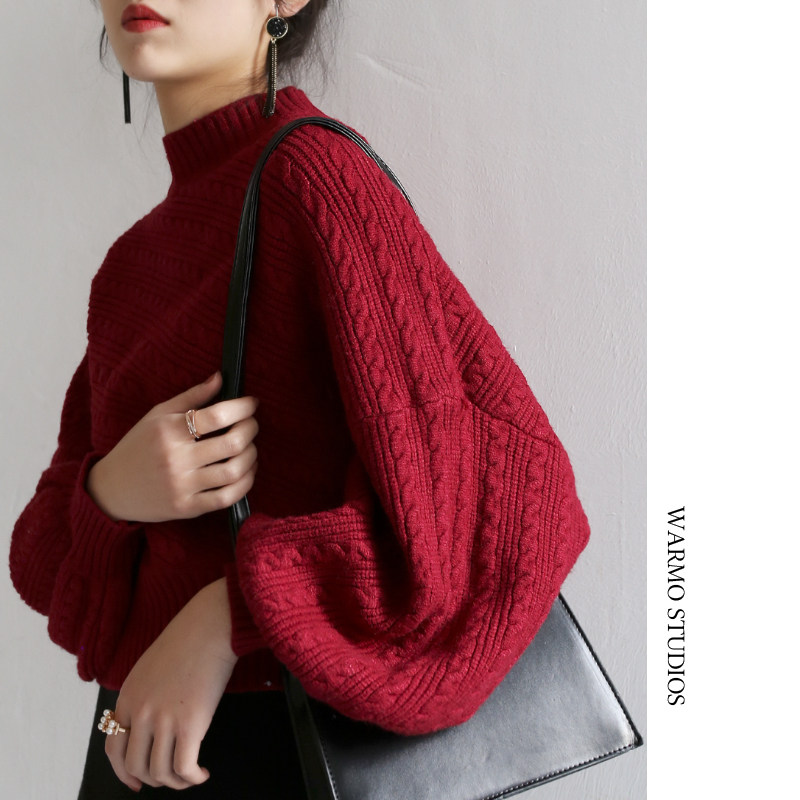 Warmo 2022 autumn and winter new solid color twist pullover half turtleneck sweater ladies lantern sleeve sweater top