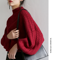 Warmo 2022 autumn and winter new solid color twist pullover half turtleneck sweater ladies lantern sleeve sweater top