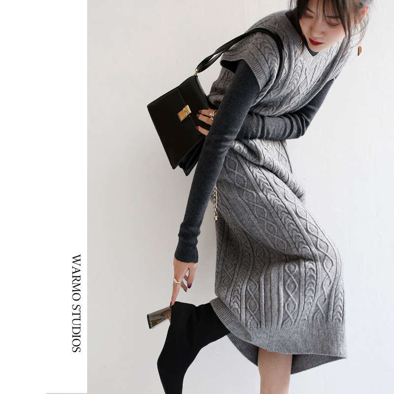 Warmo autumn and winter twisted vest skirt mid-length loose slim sleeveless dress women's wool knitted vest skirt