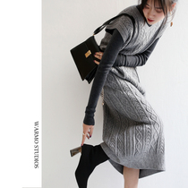 Warmo autumn and winter twisted vest skirt mid-length loose slim sleeveless dress womens wool knitted vest skirt