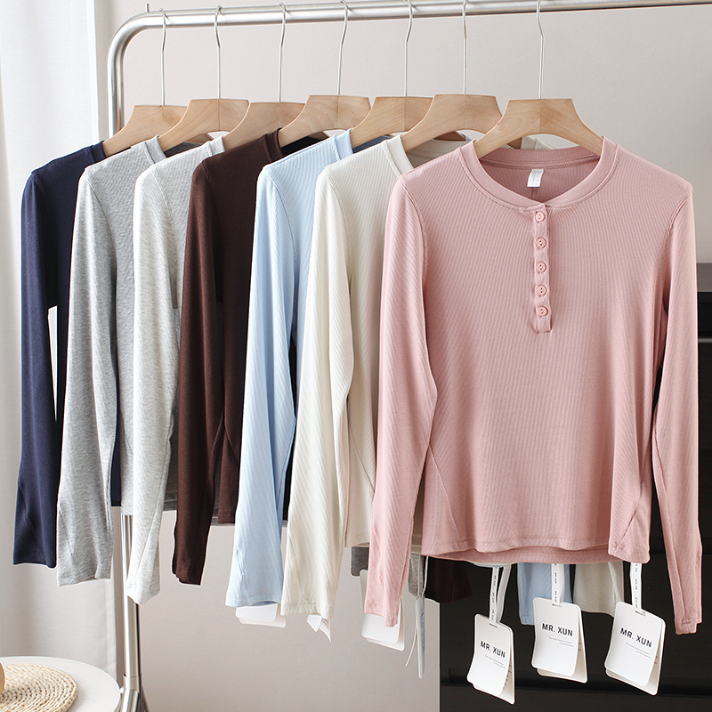 Lu Style! Spring Slim-Fit Versatile Stretchy American-Style Henley Collar Button Long-Sleeve T-Shirt for Women