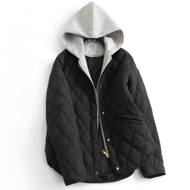 Go Spain! Loose-Fitting Detachable Hooded Crew Neck Long-Sleeve Diamond-Quilted Cotton Jacket for Women, Autumn and Winter