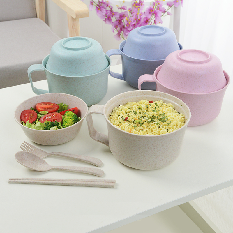 Wheat Straw Tableware Single Bowl Chopstick Suit Students Lunch Box Dorm Room With Lid Large Bowl Day Style Bubble Noodle Bowl Cutlery-Taobao