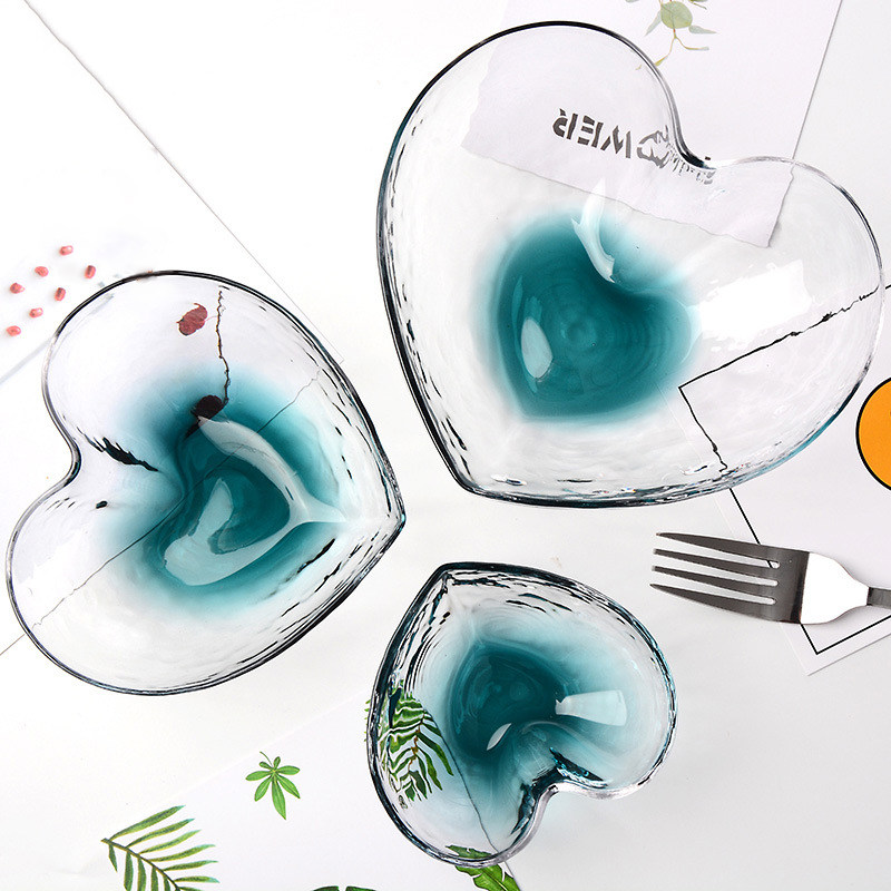 Japanese style creative hammered pattern crystal glass bowl ins love bowl Fruit salad bowl Transparent heart-shaped bowl Dessert bowl