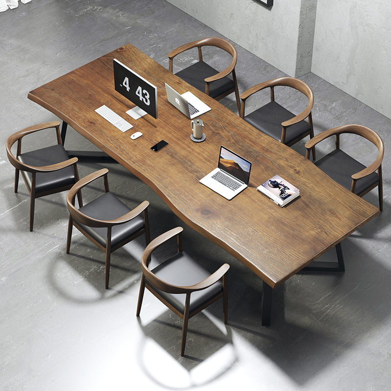 American-style solid wood conference table long table simple retro computer table wrought iron desk negotiation table and chair script kill table and chair