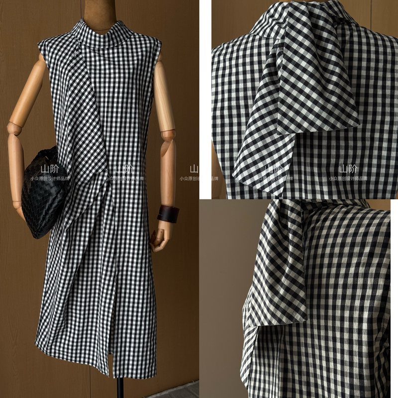 Shanji [Retro Art] Plaid Sleeveless Slit Dress Niche Design Elegant Workwear Summer Long Dress