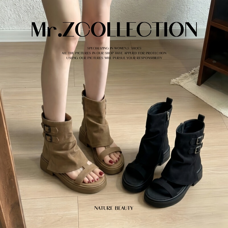 Retro Thick-Soled Genuine Leather Sandals for Women 2026 Summer New Open-Toe Roman Sandals Trouser-Leg Short Boots Stacked Boots Women's Shoes