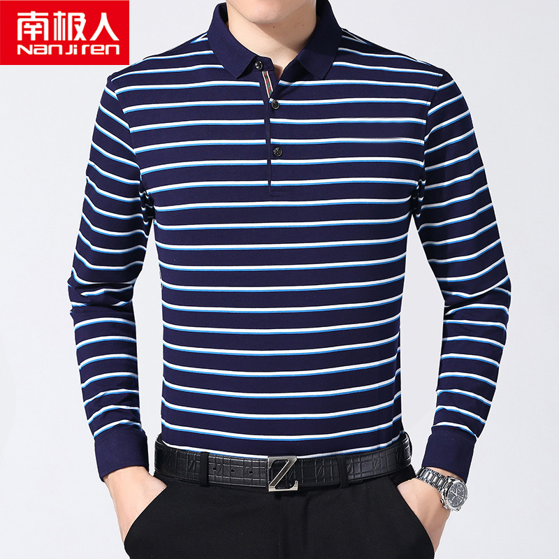 南极人中年爸爸装春秋新款男装翻领长袖T恤条纹打底POLO衫上衣服