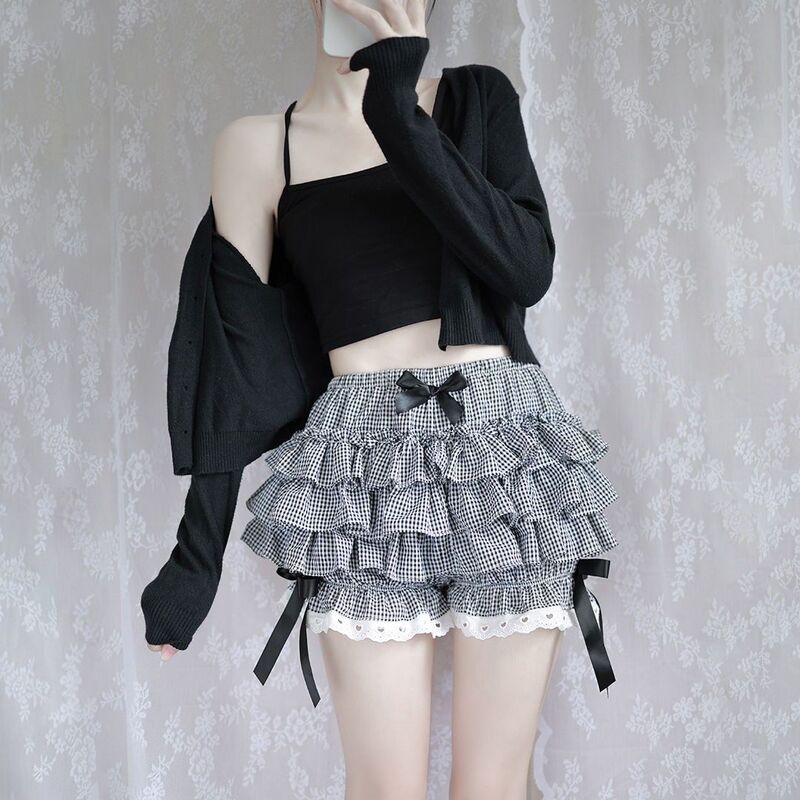 Japanese-Style Soft Girl Lolita Pumpkin Shorts Lace Patchwork Plaid Cake Skirt Pants Cute Student High-Waisted Puffy Skirt