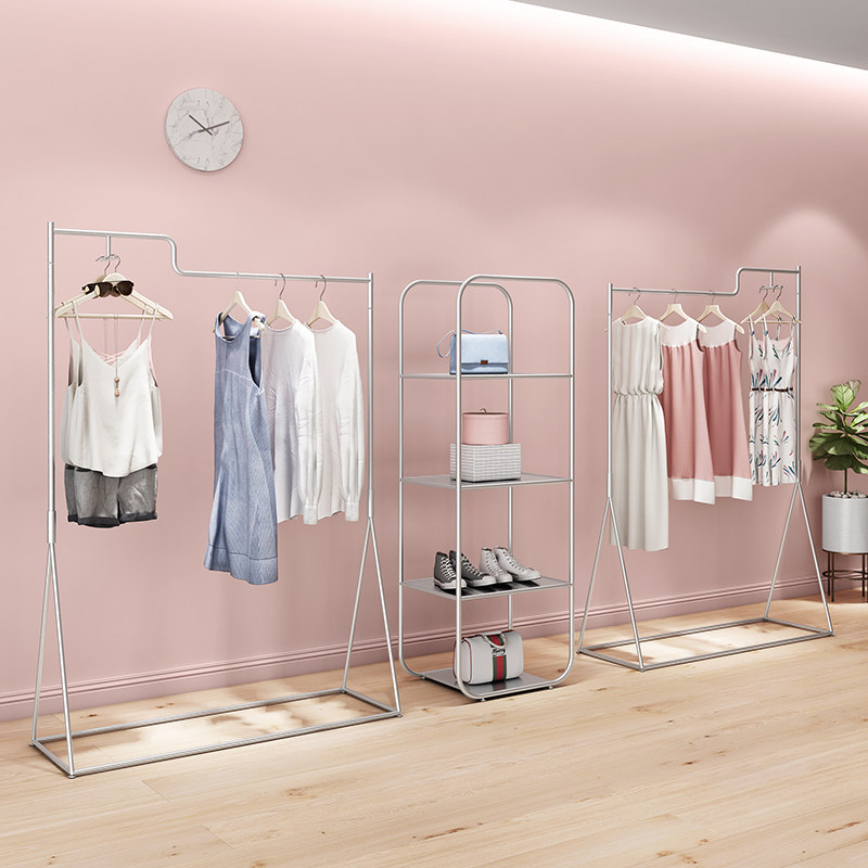 Clothing store hanger display rack floor-to-ceiling women's clothing store shelf display side hanging simple light luxury silver hanging rail