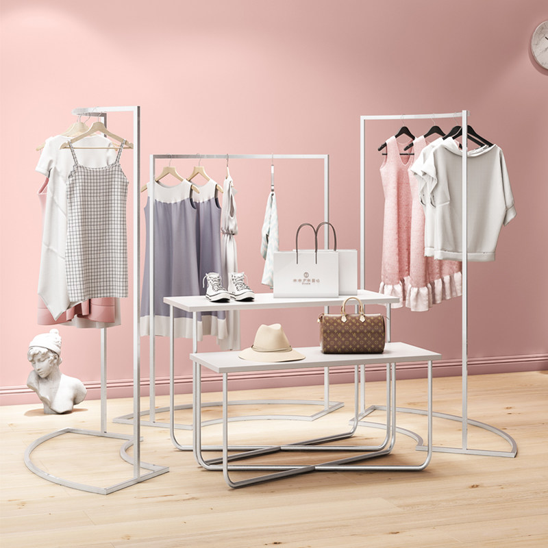 Clothing store display frame floor-shaped curved men and women's clothing shelves silver window solid wood flow pool